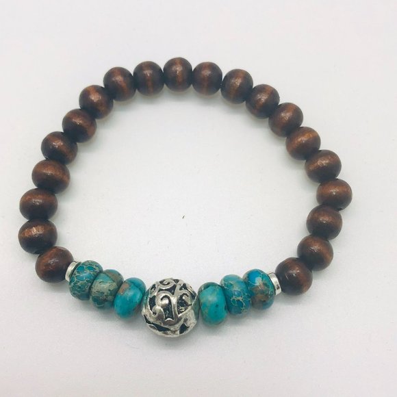Beaded Bracelet - wood and turquoise - Picture 2 of 2